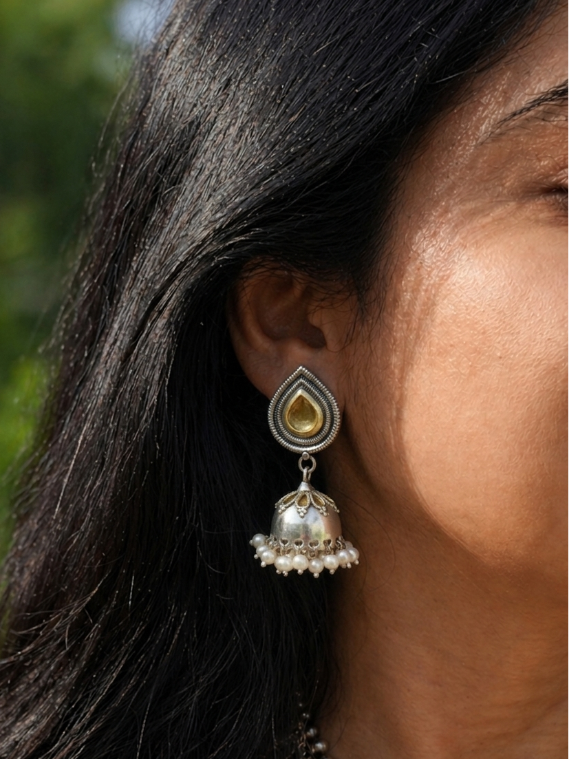 925 Sterling silver gold plated dual tone jhumka earring