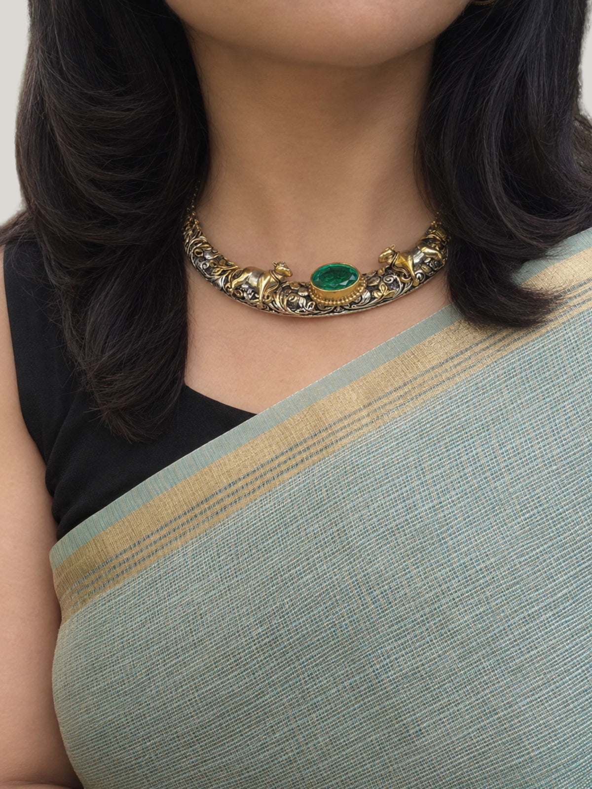Kamdhenu Pichwai Cow Hasli Necklace & Earrings | Dual-Tone 925 Sterling Silver Chitai Work  Hasli Set