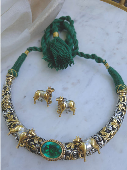 Kamdhenu Pichwai Cow Hasli Necklace & Earrings | Dual-Tone 925 Sterling Silver Chitai Work  Hasli Set