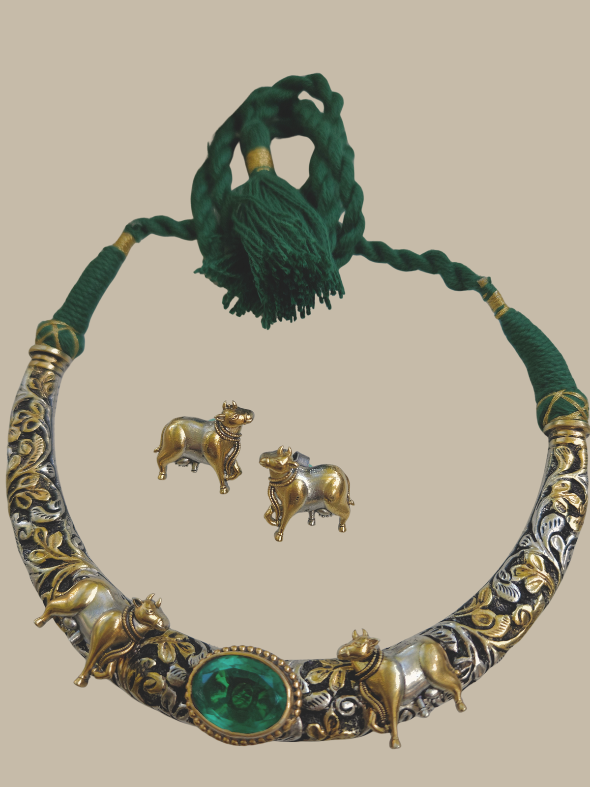 Kamdhenu Pichwai Cow Hasli Necklace & Earrings | Dual-Tone 925 Sterling Silver Chitai Work  Hasli Set