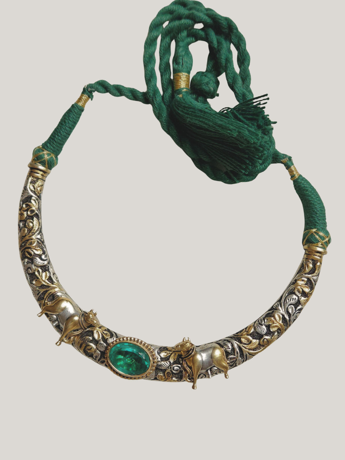 Kamdhenu Pichwai Cow Hasli Necklace & Earrings | Dual-Tone 925 Sterling Silver Chitai Work  Hasli Set