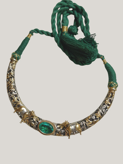 Kamdhenu Pichwai Cow Hasli Necklace & Earrings | Dual-Tone 925 Sterling Silver Chitai Work  Hasli Set