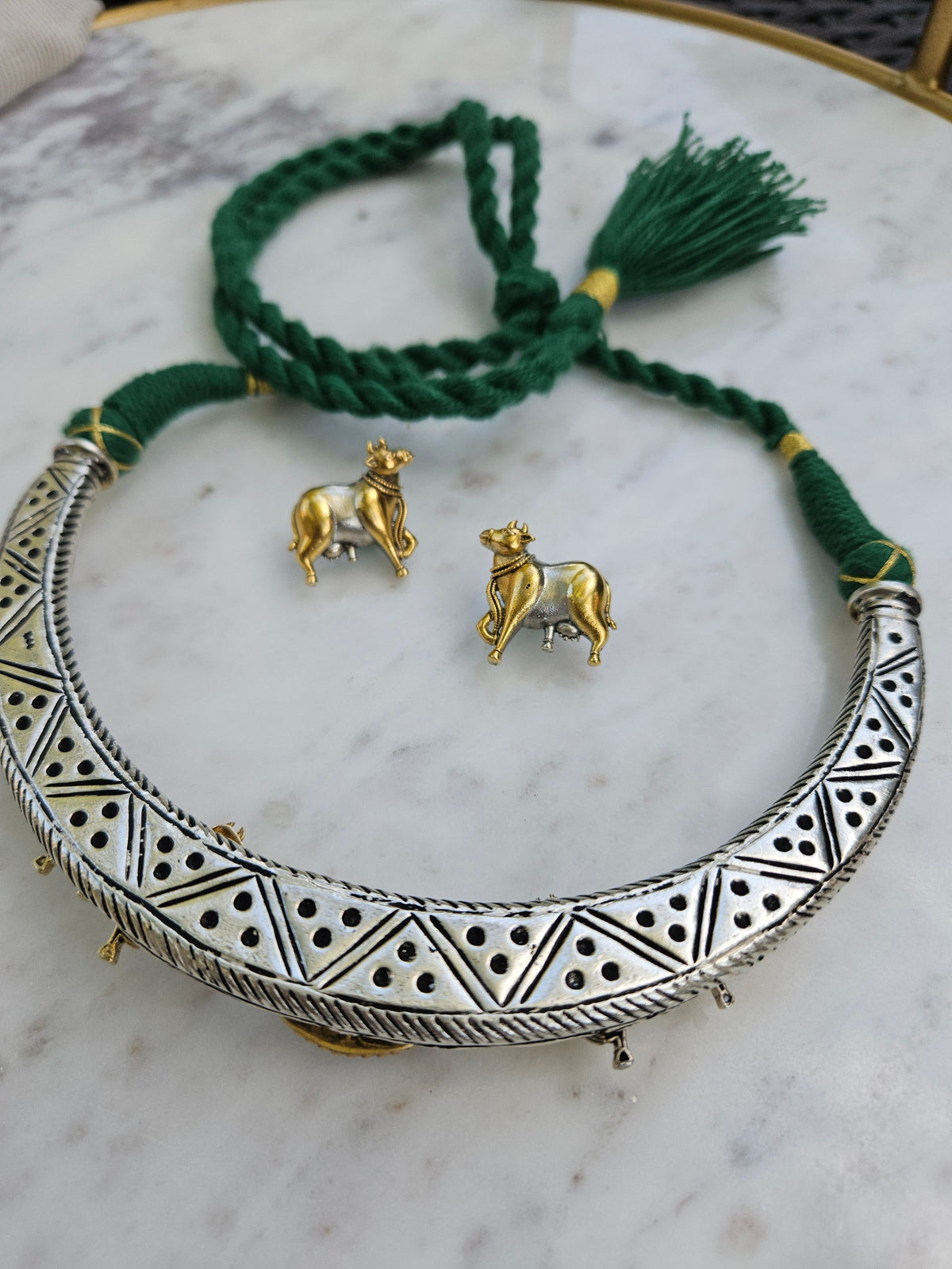 Kamdhenu Pichwai Cow Hasli Necklace & Earrings | Dual-Tone 925 Sterling Silver Chitai Work  Hasli Set