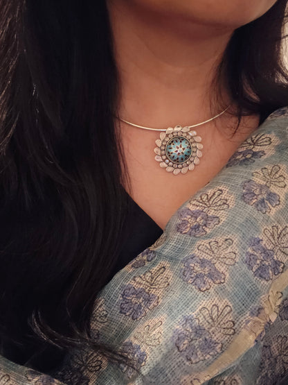Sterling Silver hasli necklace with meenakari pendant and earring