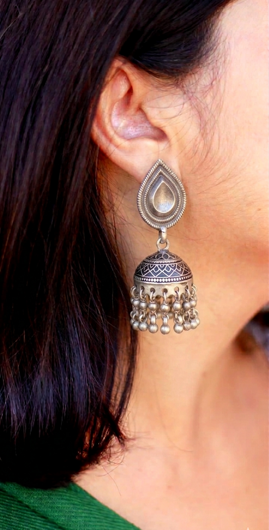 92.5 Silver Jhumka Earrings | Handcrafted Indian Silver Jewelry | Black Silver Jhumka Earrings
