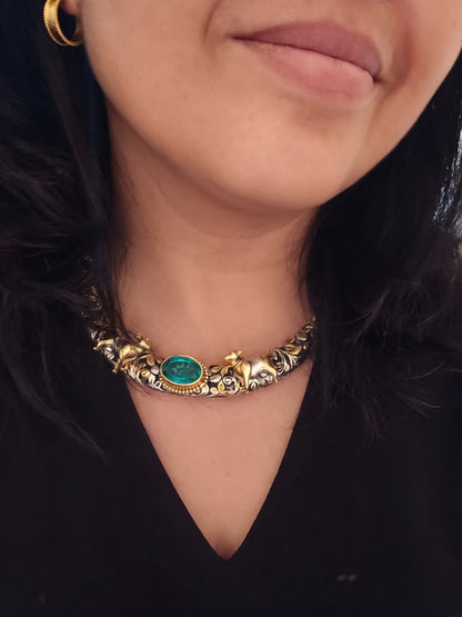 Kamdhenu Pichwai Cow Hasli Necklace & Earrings | Dual-Tone 925 Sterling Silver Chitai Work  Hasli Set