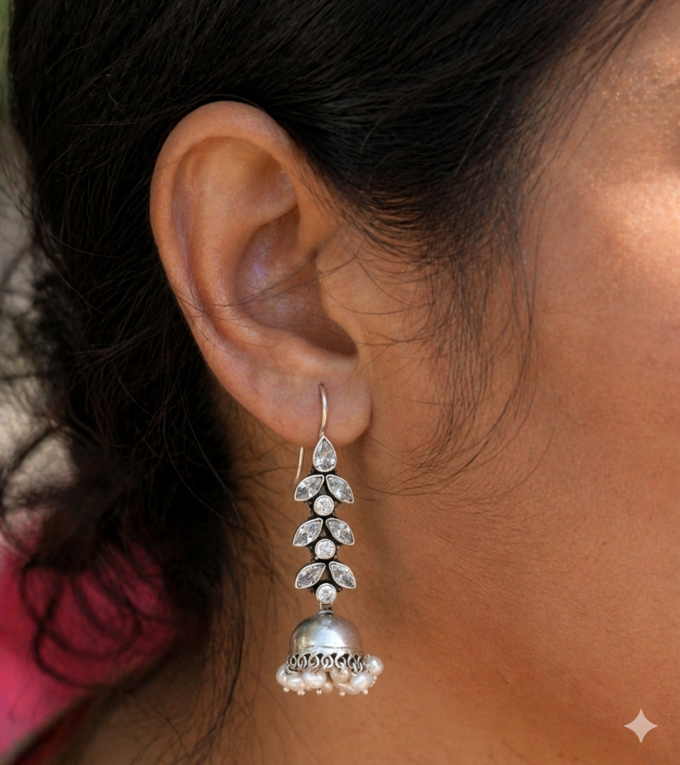 Palak - Pearl & Cubic Zirconia Silver Jhumka Earrings | 925 Indian Ethnic Jewelry Online | Traditional Indian Earrings