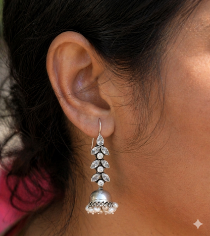 Palak - Pearl & Cubic Zirconia Silver Jhumka Earrings | 925 Indian Ethnic Jewelry Online | Traditional Indian Earrings