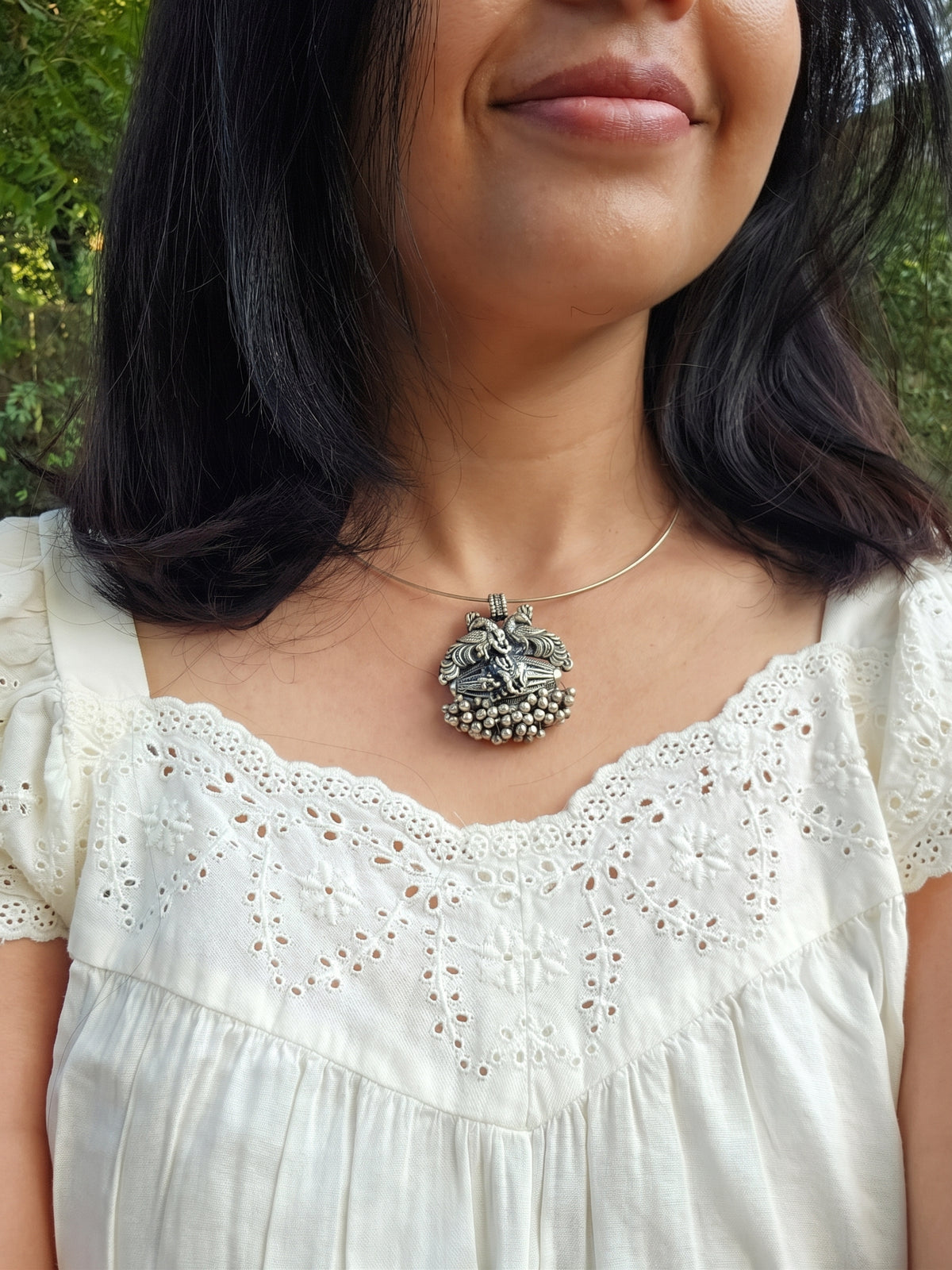 Murli Krishna Oxidised 925 Silver Wire Hasli Necklace | Handcrafted Temple Pendant with Peacocks & Ghungroo