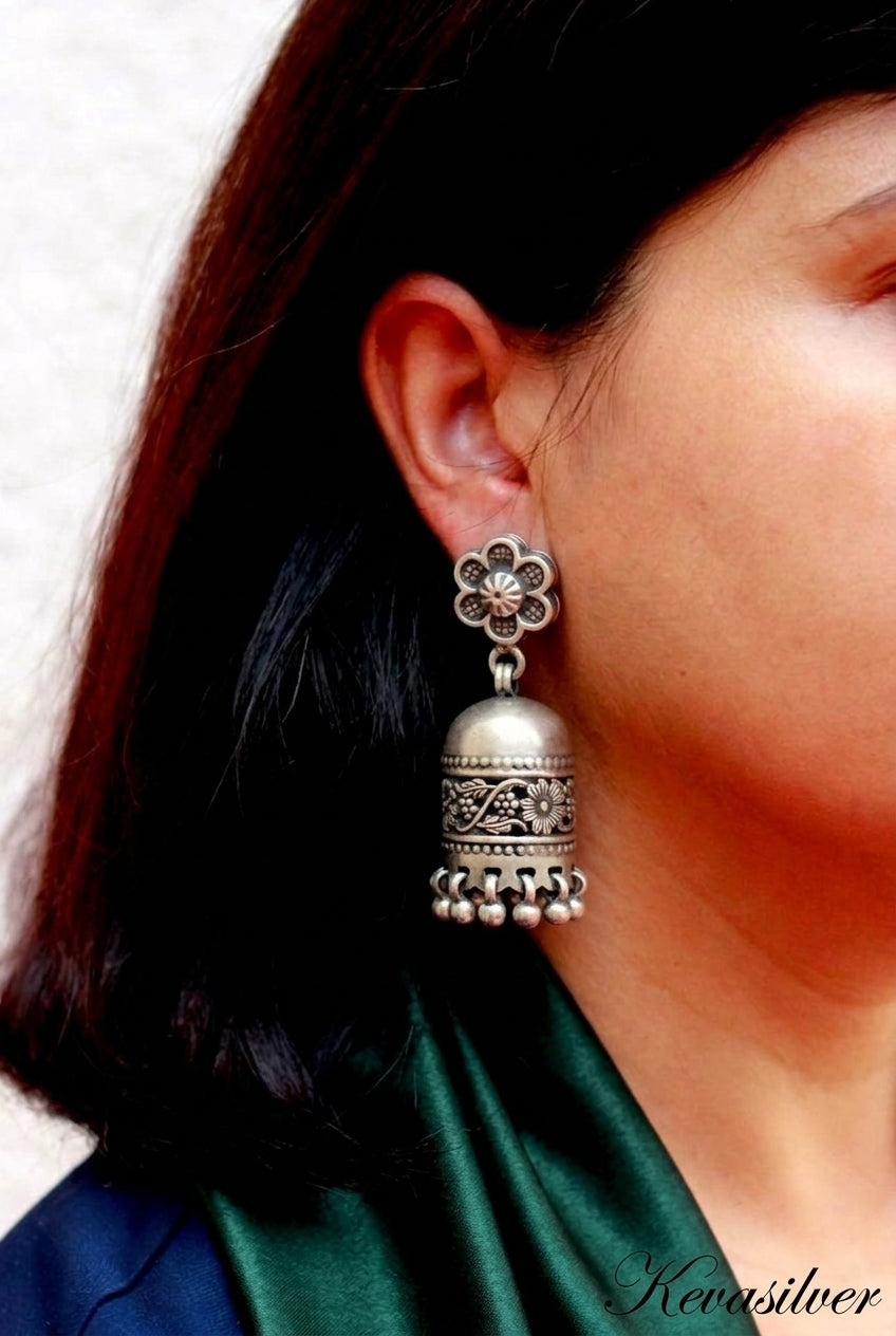 Phool Bel Oxidised 925 Sterling Silver Jhumka Earrings | Handcrafted Floral Jaali Jhumkis with Ghungroo