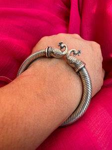 925 Sterling Silver Bangle, Open ended Silver Kada for women, Peacock Bangle