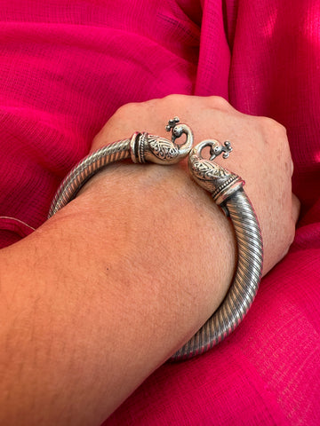 925 Sterling Silver Bangle, Open ended Silver Kada for women, Peacock Bangle