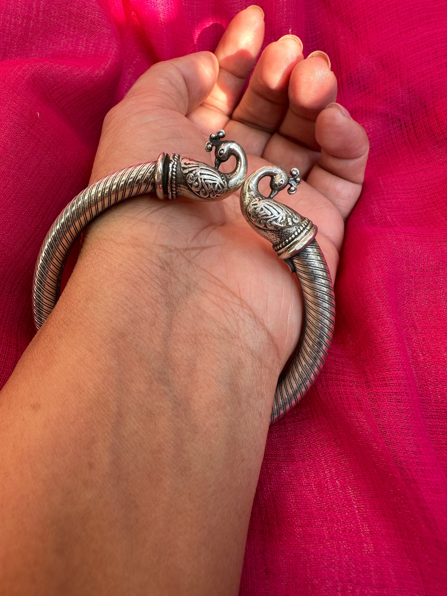925 Sterling Silver Bangle, Open ended Silver Kada for women, Peacock Bangle