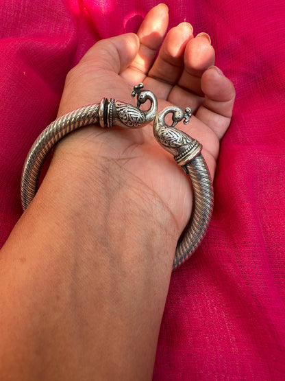 925 Sterling Silver Bangle, Open ended Silver Kada for women, Peacock Bangle