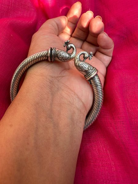 925 Sterling Silver Bangle, Open ended Silver Kada for women, Peacock Bangle