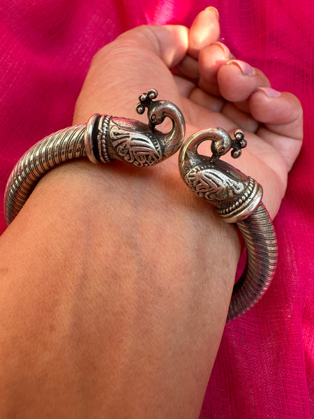 925 Sterling Silver Bangle, Open ended Silver Kada for women, Peacock Bangle