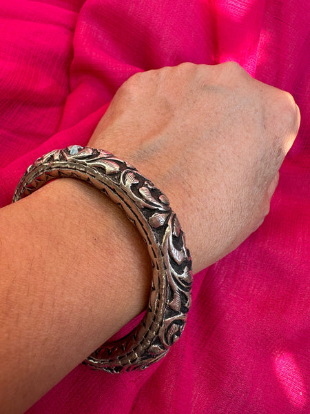 92.5 Silver Oxidized chitai bangle, Silver cuff, Classic Chitai kada