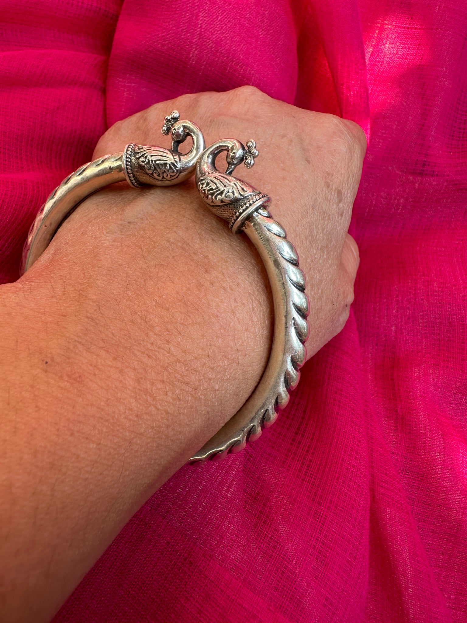 925 Silver Bangle, Pure Silver Kada, Open ended peacock kada
