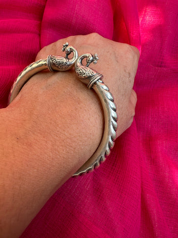 925 Silver Bangle, Pure Silver Kada, Open ended peacock kada