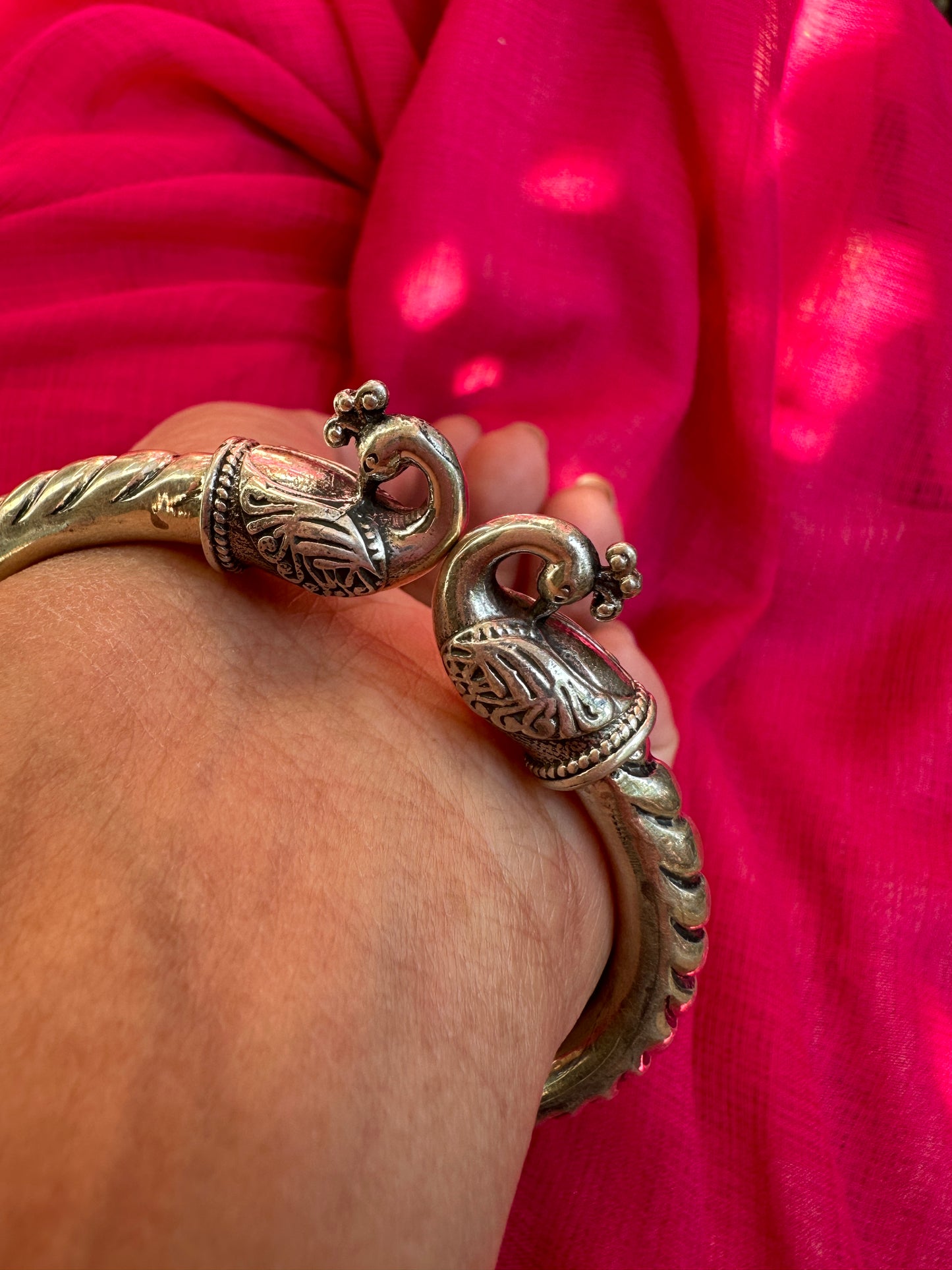 925 Silver Bangle, Pure Silver Kada, Open ended peacock kada