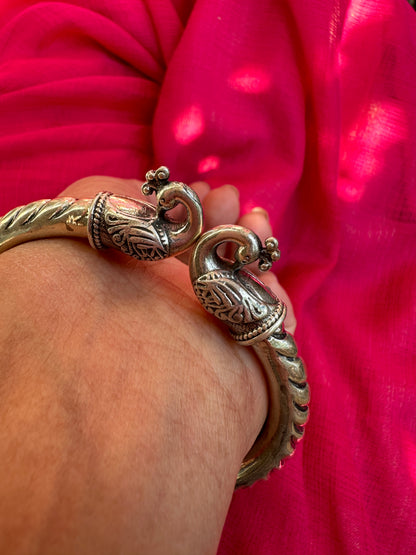 925 Silver Bangle, Pure Silver Kada, Open ended peacock kada