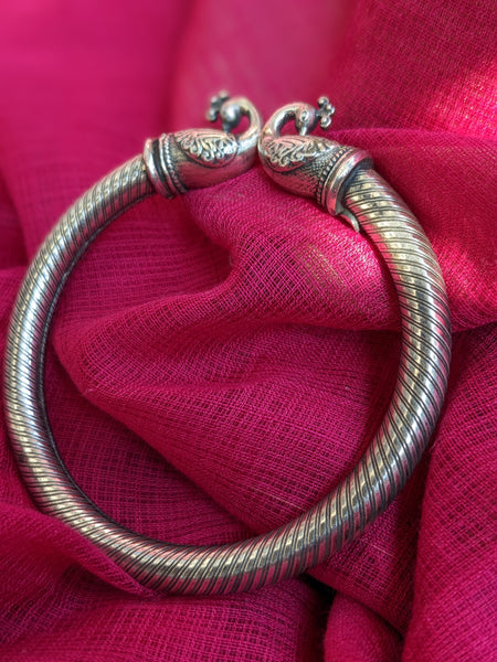 925 Sterling Silver Bangle, Open ended Silver Kada for women, Peacock Bangle