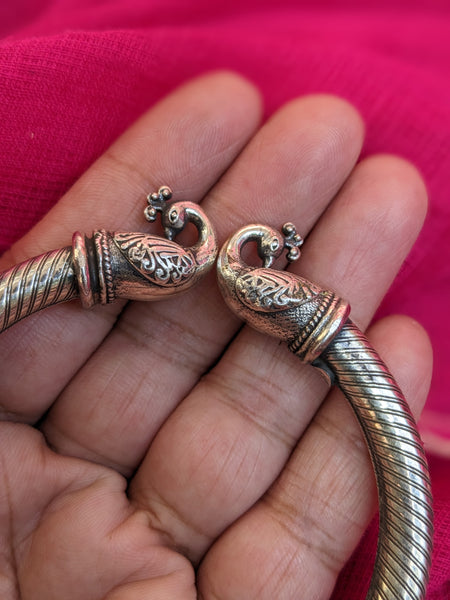 925 Sterling Silver Bangle, Open ended Silver Kada for women, Peacock Bangle