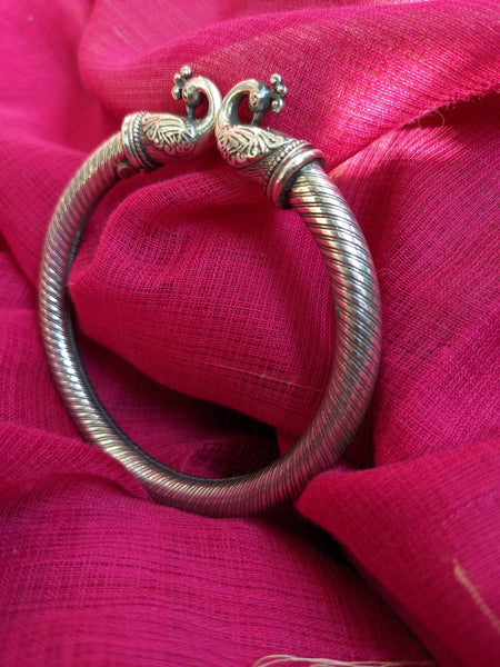 925 Sterling Silver Bangle, Open ended Silver Kada for women, Peacock Bangle