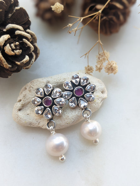 Kanti - Floral 925 Sterling Silver earring with cubic Zirconia and pearl drop