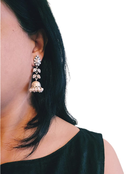 Trisha-925 Sterling Silver Jhumki Earrings with Cubic Zirconia & Pearls, Indian Earrings