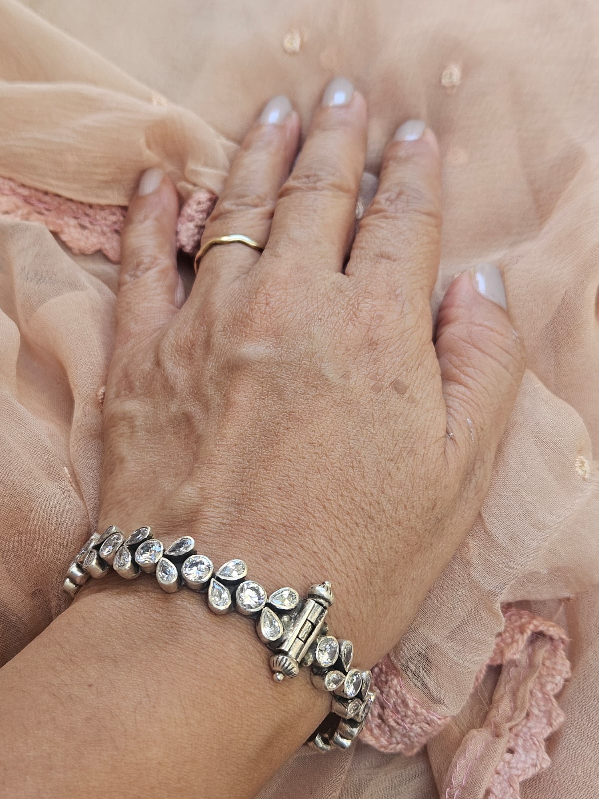 LEELA - 925 Sterling Silver Women Kada - Pure Silver Adjustable Indian Bangle with zirconia stones