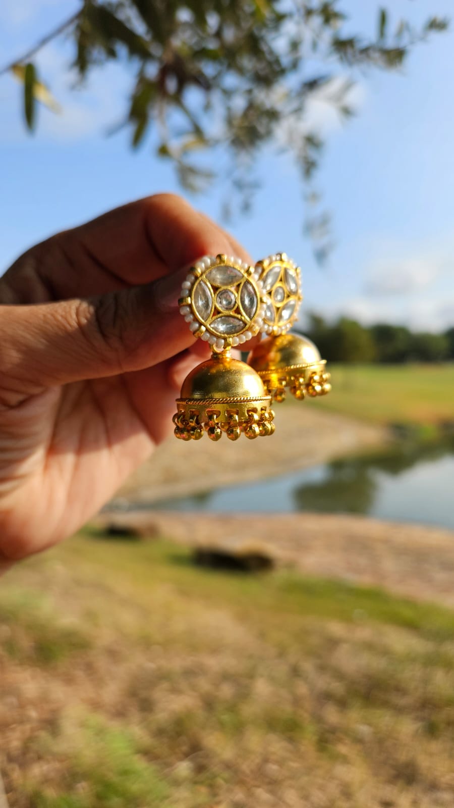 Gold Plated 925 Silver Jhumka Earrings — Kundan Style with Pearls