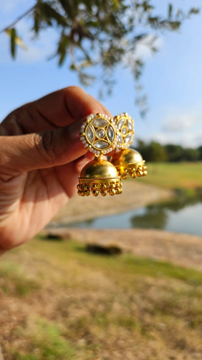 Gold Plated 925 Silver Jhumka Earrings — Kundan Style with Pearls