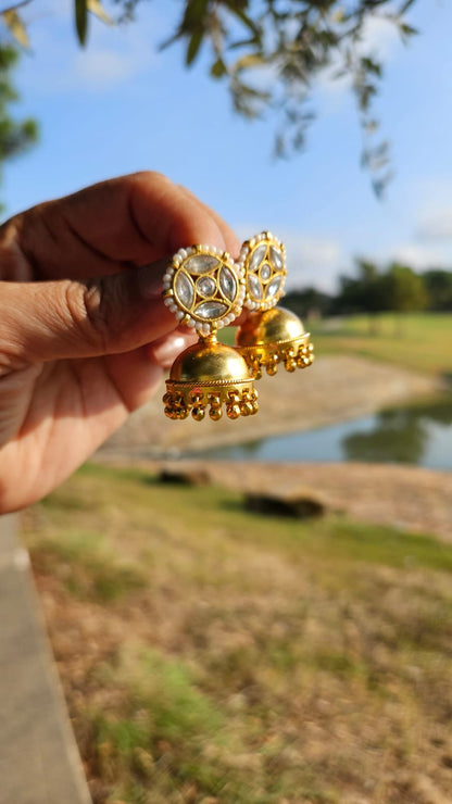 Gold Plated 925 Silver Jhumka Earrings — Kundan Style with Pearls