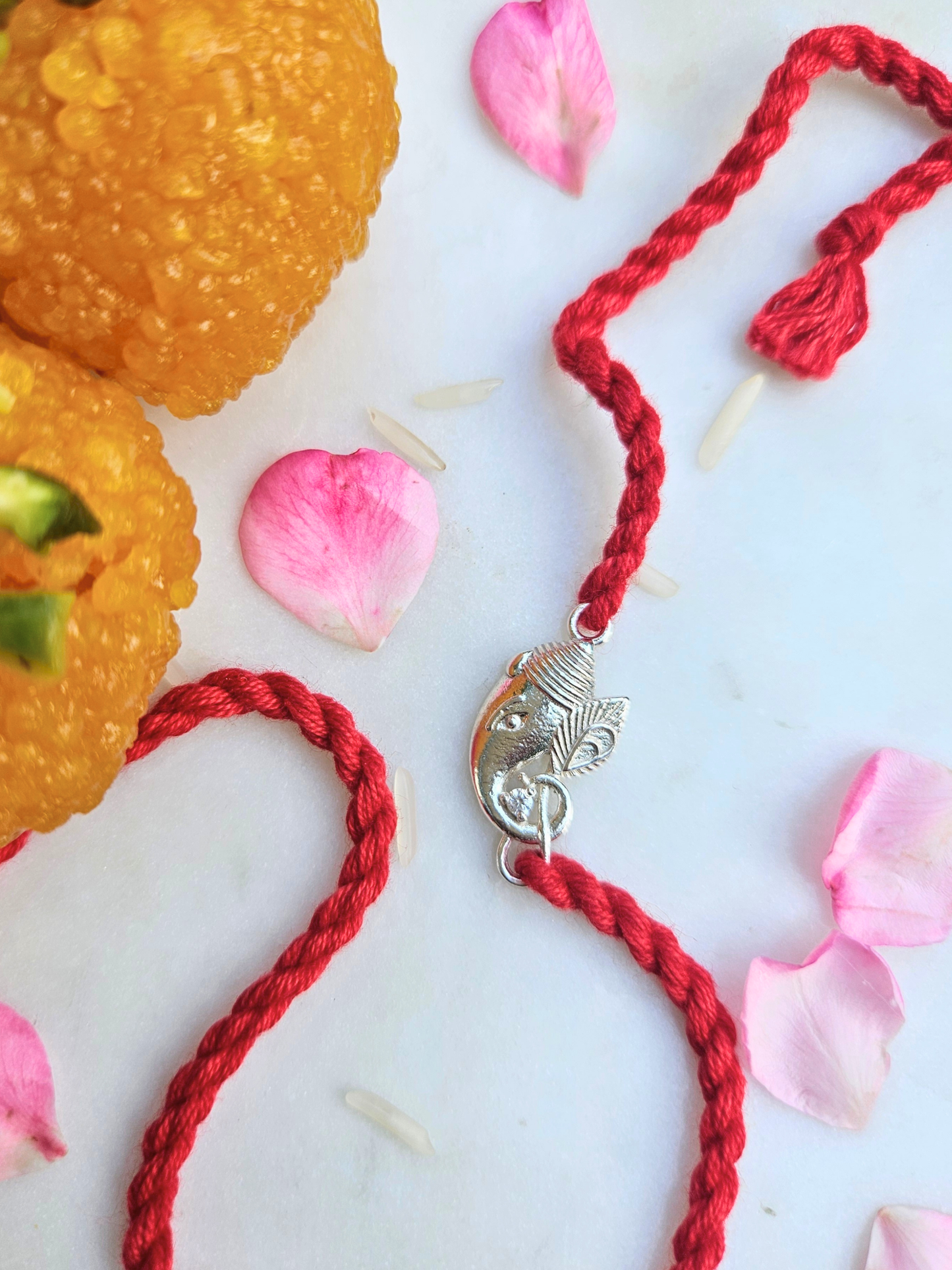 925 Sterling Silver Rakhi  - Silver Ganesha Rakhi with Zirconia stone and Red Thread