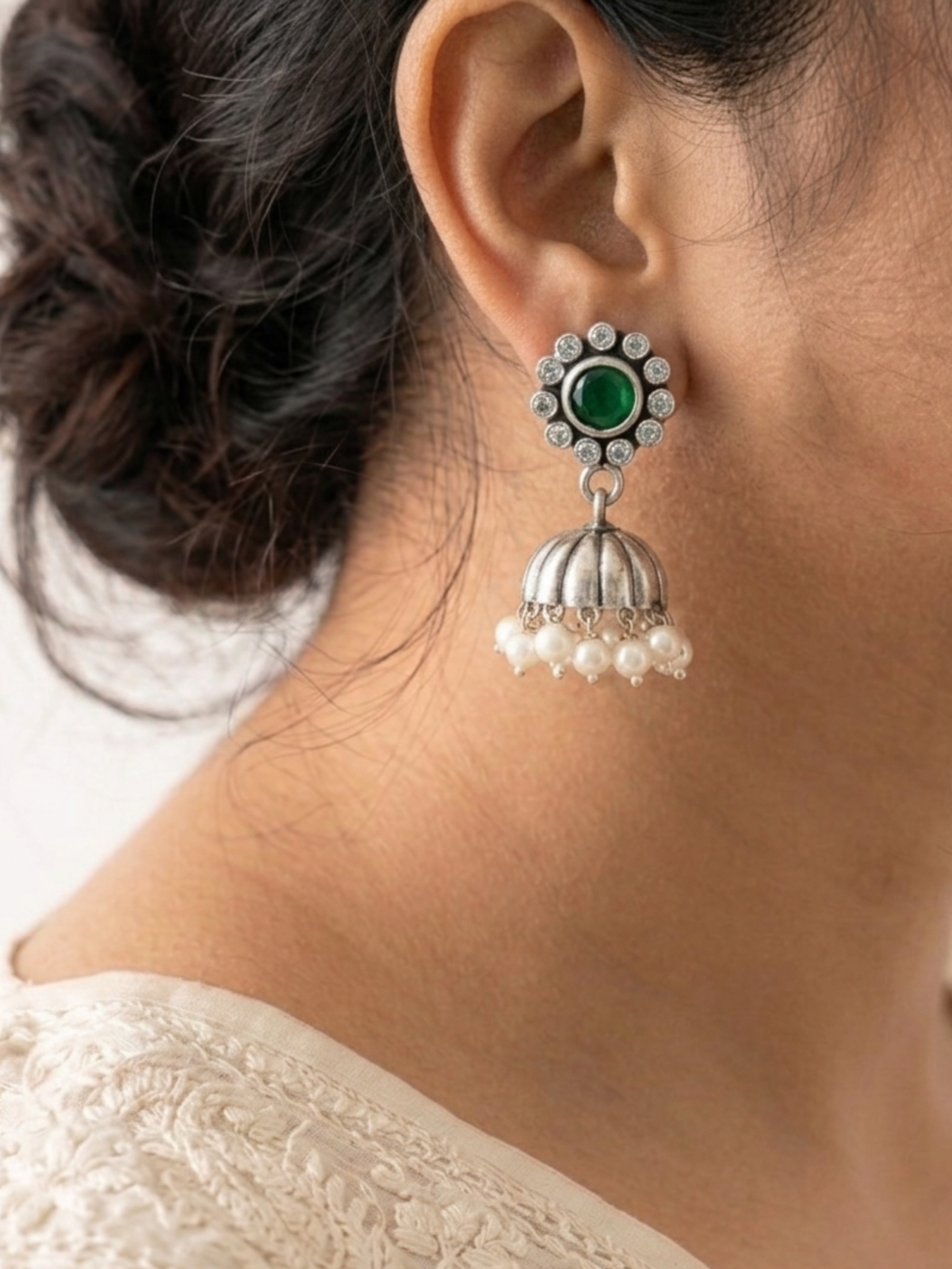 Aarya -925 Silver Indian Earring, Pure Silver Jhumka