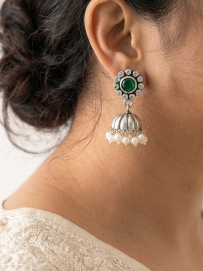 Aarya -925 Silver Indian Earring, Pure Silver Jhumka