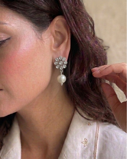 Kanti - Floral 925 Sterling Silver earring with cubic Zirconia and pearl drop
