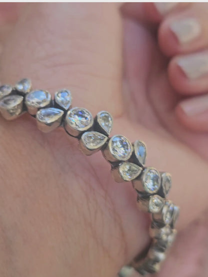 LEELA - 925 Sterling Silver Women Kada - Pure Silver Adjustable Indian Bangle with zirconia stones