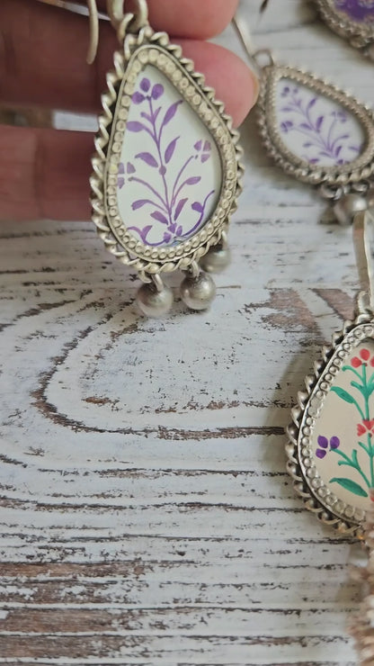 Jamuni Bagh Hand-Painted 925 Sterling Silver Earrings | Purple Mughal Floral Teardrop Danglers