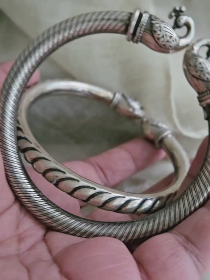 925 Silver Bangle, Pure Silver Kada, Open ended peacock kada