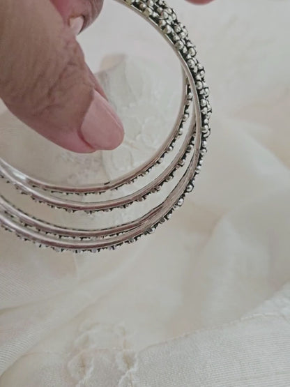 Oxidized Sterling Silver Flower Bangle – Textured 925 Silver Floral Bracelet