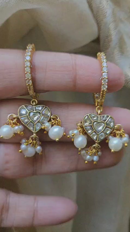 Kaner - Gold plated sterling silver kundan Earring, Gold Plated Silver pearl and kundan Chandbali, Indian Gold Earring