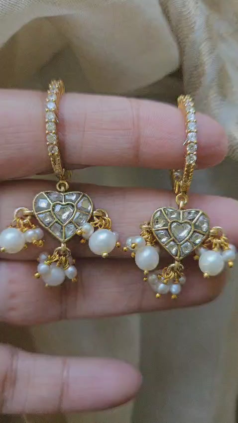Kaner - Gold plated sterling silver kundan Earring, Gold Plated Silver pearl and kundan Chandbali, Indian Gold Earring