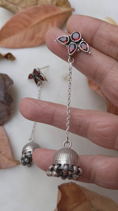 Garnet Silver Jhumka Chain Earrings, 8cm | Oxidized 925 Sterling Silver | Handmade Jaipur