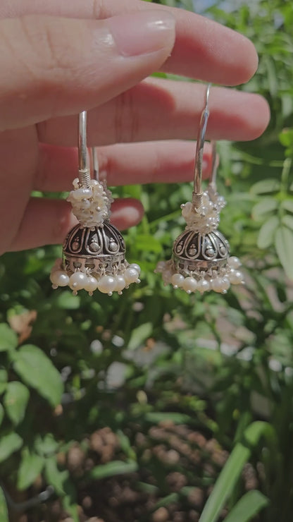 Chandni Moti Bali Jhumka Earrings | Oxidised 925 Silver Freshwater Pearl Hoops