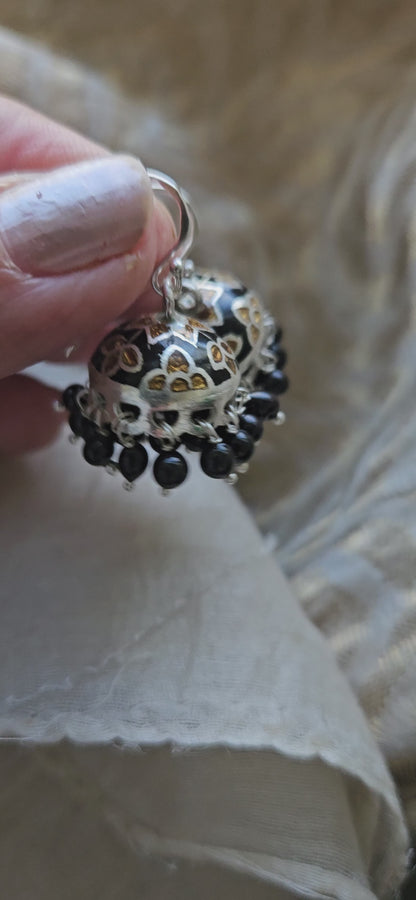 925 Silver Black Enamel Jhumka Earrings | Handcrafted Silver Earrings with Onyx Beads | Indian Ethnic Jewelry