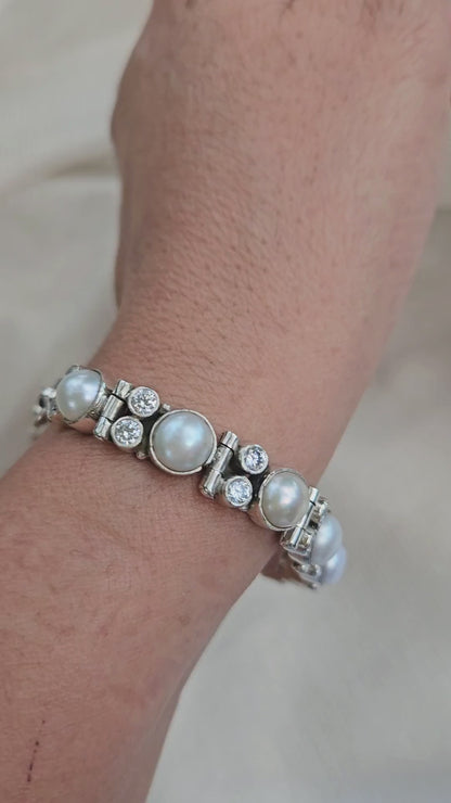 Moti Pearl & Cubic Zirconia 925 Sterling Silver Bracelet | Handmade in Jaipur
