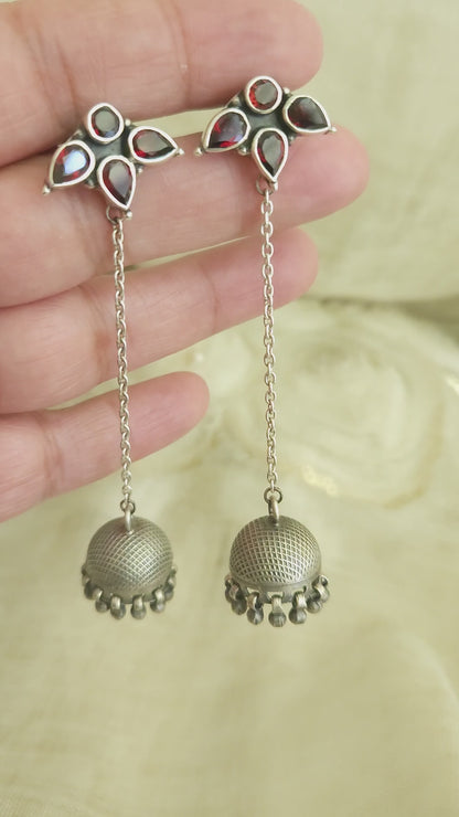 Garnet Silver Jhumka Chain Earrings, 8cm | Oxidized 925 Sterling Silver | Handmade Jaipur