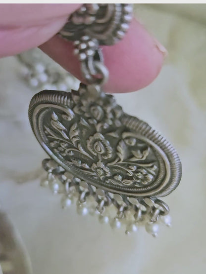 925 Sterling Silver Oxidized pearl fringe earring